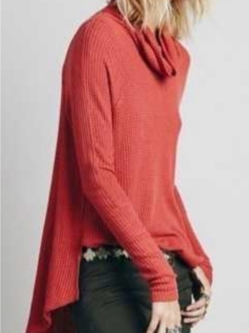 #893 WE THE FREE Kristina Coral-Rust Cowl Neck High-Low Thermal Tunic